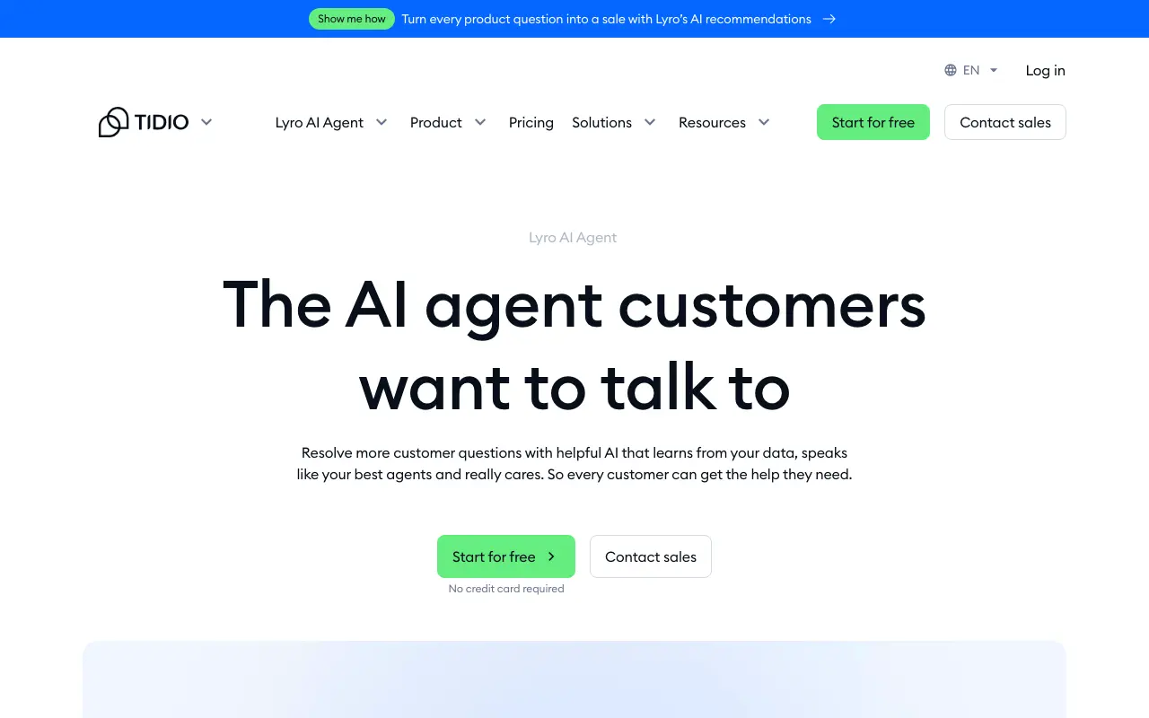 Tidio Lyro AI Agent 官方页面截图