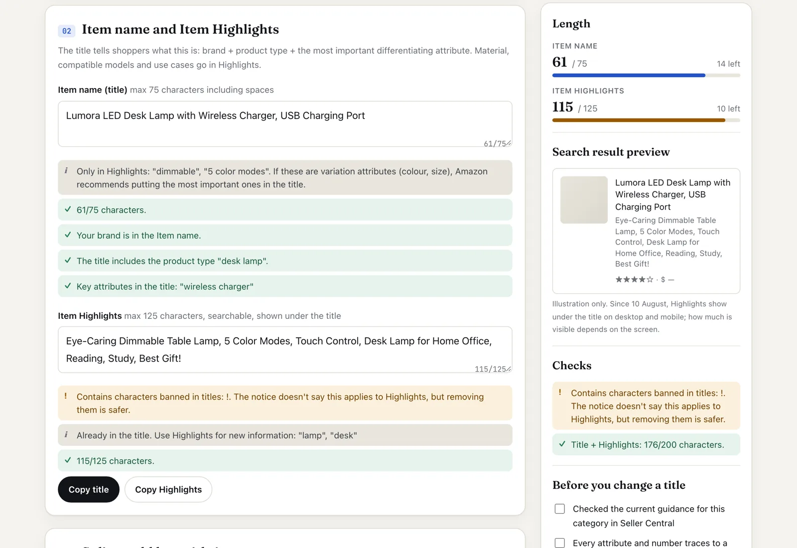 Amazon Title Checker after splitting an old long title: a 61-character Item name and 115-character Item Highlights, with a banned exclamation mark flagged in Highlights