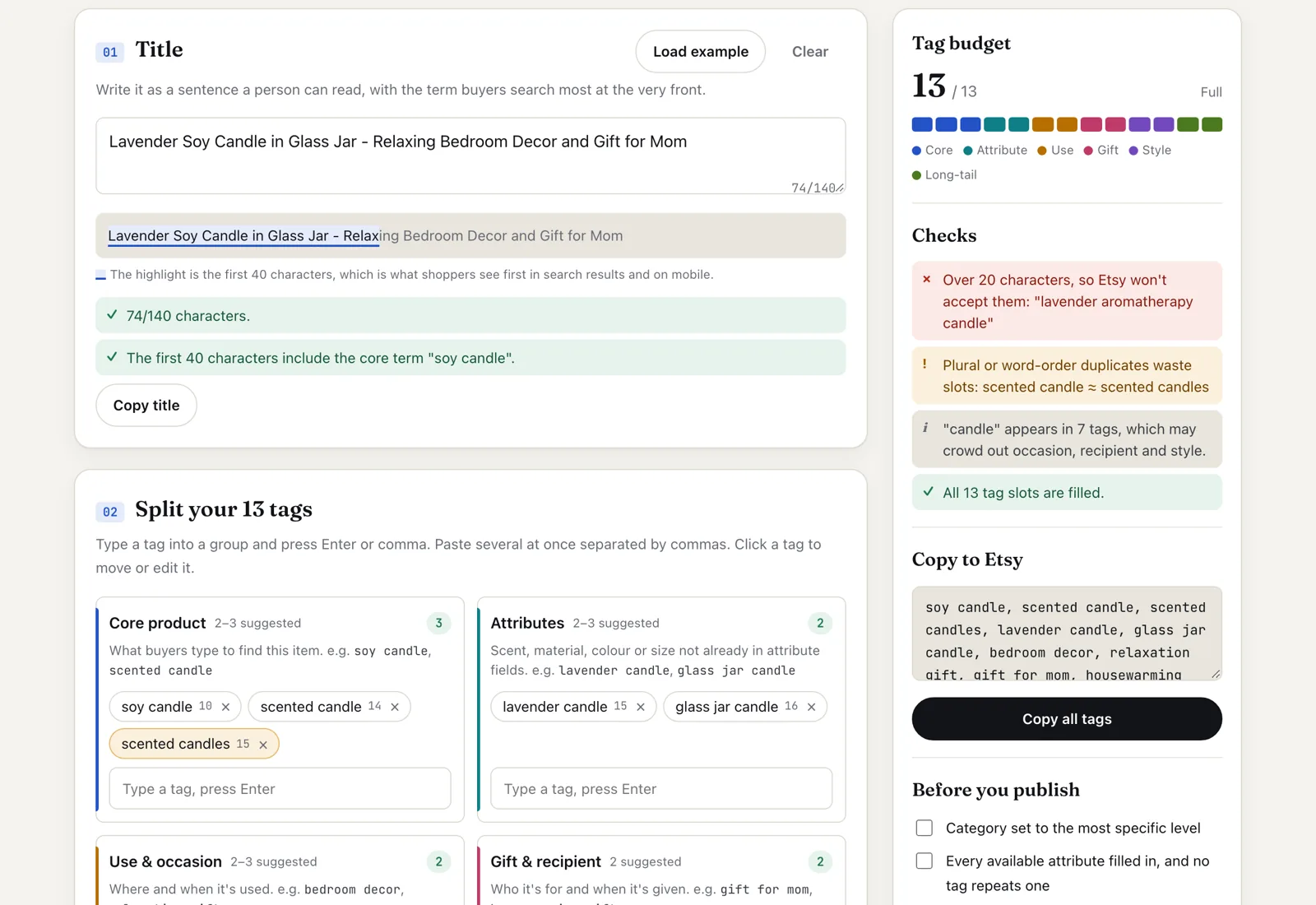 Etsy Tag Planner with the example candle listing loaded: one tag over 20 characters flagged red, a plural duplicate flagged amber, 13 of 13 slots filled
